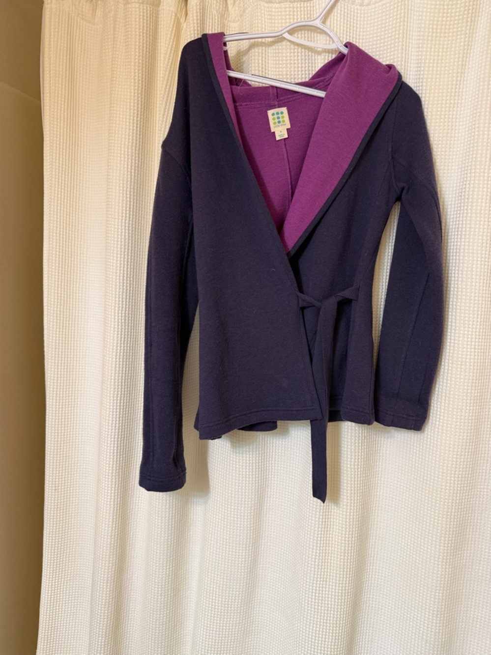 Title Nine Bright & Dark Purple Purple Knit Wrap Sweater with hood. Small.